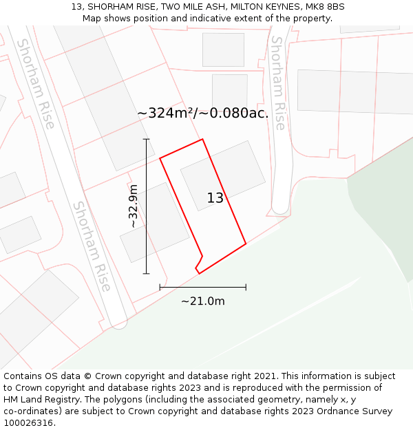 13, SHORHAM RISE, TWO MILE ASH, MILTON KEYNES, MK8 8BS: Plot and title map