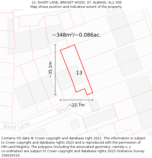 13, SHORT LANE, BRICKET WOOD, ST. ALBANS, AL2 3SE: Plot and title map