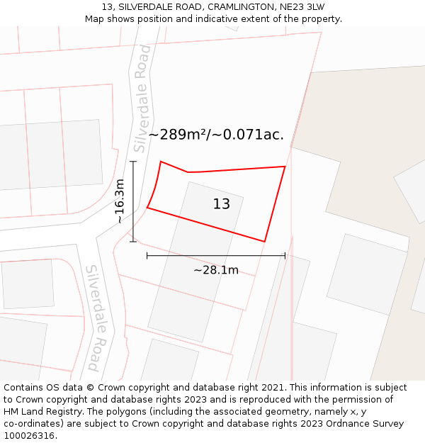 13, SILVERDALE ROAD, CRAMLINGTON, NE23 3LW: Plot and title map