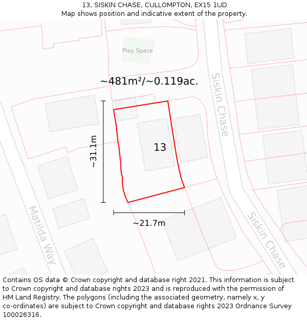 13, SISKIN CHASE, CULLOMPTON, EX15 1UD: Plot and title map