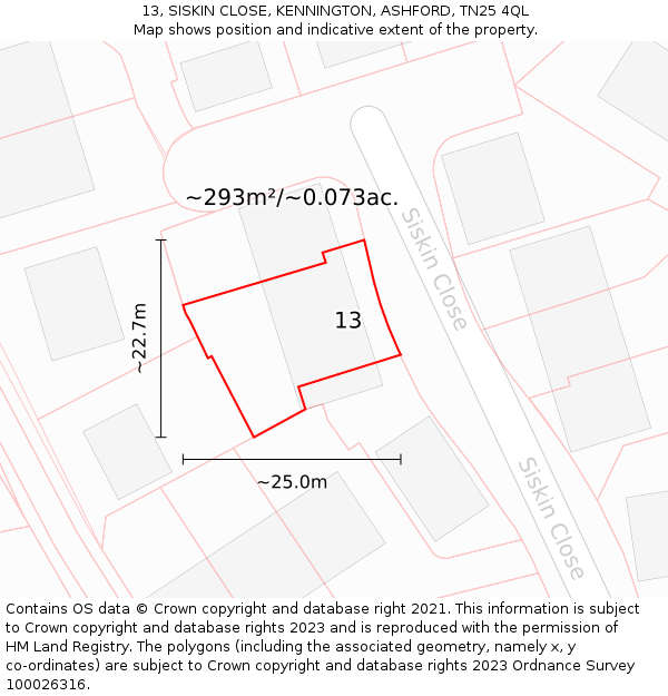 13, SISKIN CLOSE, KENNINGTON, ASHFORD, TN25 4QL: Plot and title map