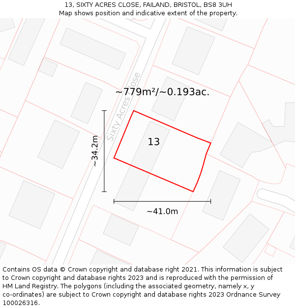 13, SIXTY ACRES CLOSE, FAILAND, BRISTOL, BS8 3UH: Plot and title map