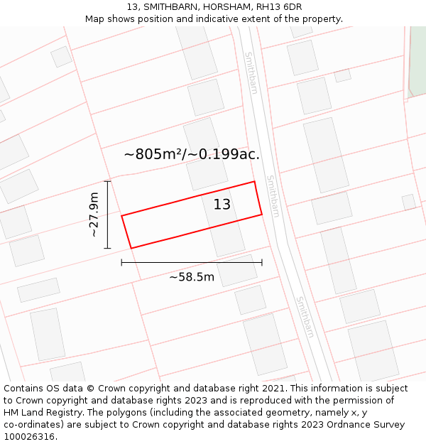 13, SMITHBARN, HORSHAM, RH13 6DR: Plot and title map