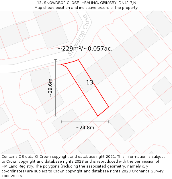 13, SNOWDROP CLOSE, HEALING, GRIMSBY, DN41 7JN: Plot and title map