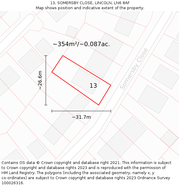 13, SOMERSBY CLOSE, LINCOLN, LN6 8AF: Plot and title map