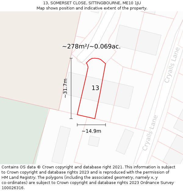 13, SOMERSET CLOSE, SITTINGBOURNE, ME10 1JU: Plot and title map