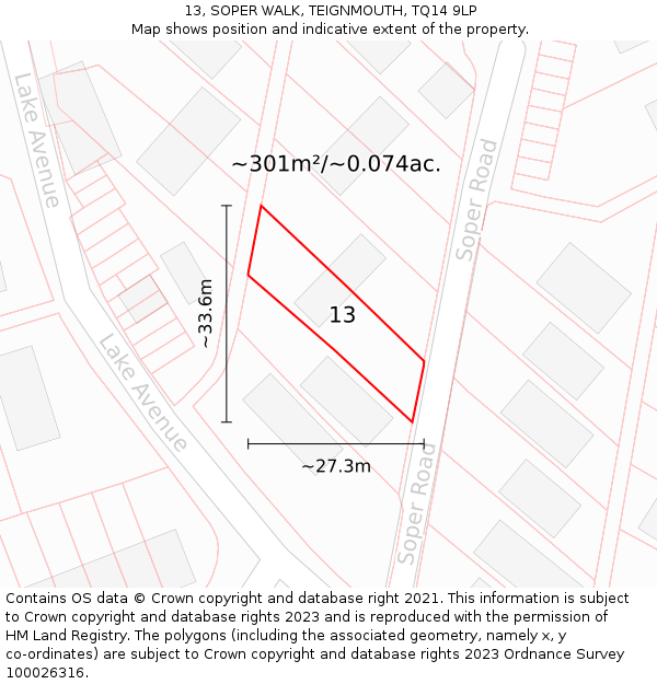 13, SOPER WALK, TEIGNMOUTH, TQ14 9LP: Plot and title map