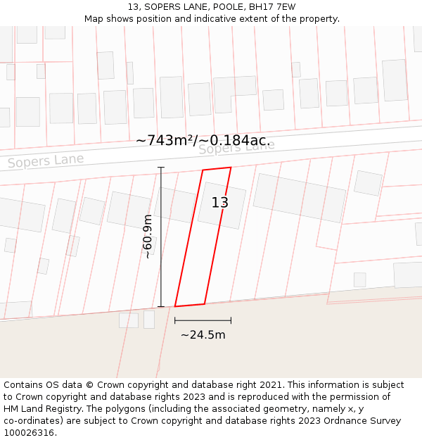 13, SOPERS LANE, POOLE, BH17 7EW: Plot and title map
