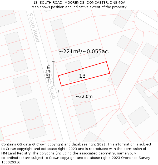 13, SOUTH ROAD, MOORENDS, DONCASTER, DN8 4QA: Plot and title map