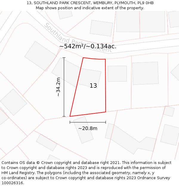 13, SOUTHLAND PARK CRESCENT, WEMBURY, PLYMOUTH, PL9 0HB: Plot and title map