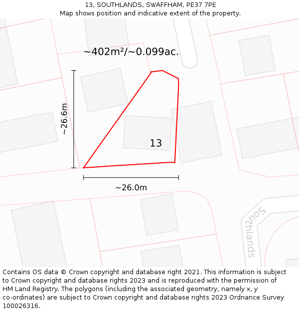 13, SOUTHLANDS, SWAFFHAM, PE37 7PE: Plot and title map