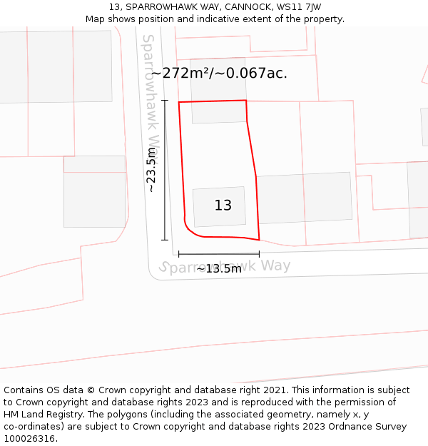 13, SPARROWHAWK WAY, CANNOCK, WS11 7JW: Plot and title map