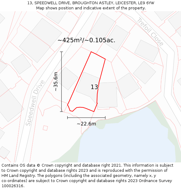 13, SPEEDWELL DRIVE, BROUGHTON ASTLEY, LEICESTER, LE9 6YW: Plot and title map