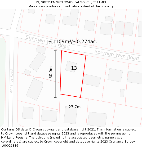 13, SPERNEN WYN ROAD, FALMOUTH, TR11 4EH: Plot and title map