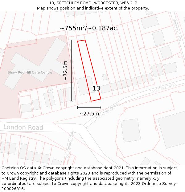 13, SPETCHLEY ROAD, WORCESTER, WR5 2LP: Plot and title map