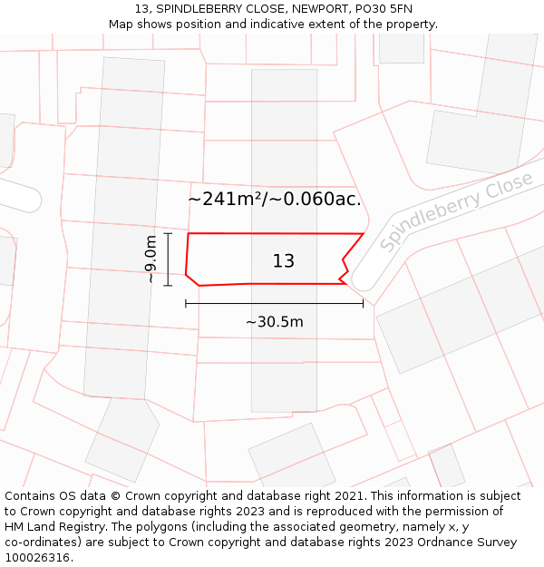 13, SPINDLEBERRY CLOSE, NEWPORT, PO30 5FN: Plot and title map