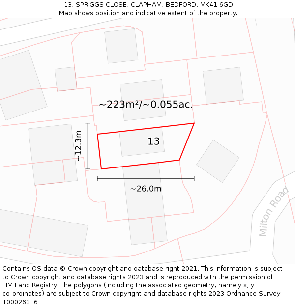 13, SPRIGGS CLOSE, CLAPHAM, BEDFORD, MK41 6GD: Plot and title map