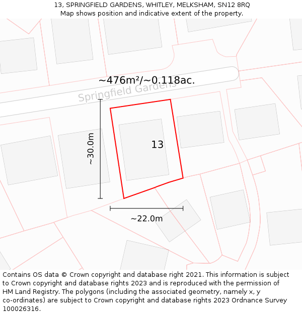 13, SPRINGFIELD GARDENS, WHITLEY, MELKSHAM, SN12 8RQ: Plot and title map