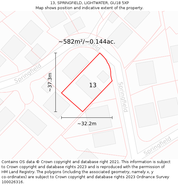 13, SPRINGFIELD, LIGHTWATER, GU18 5XP: Plot and title map