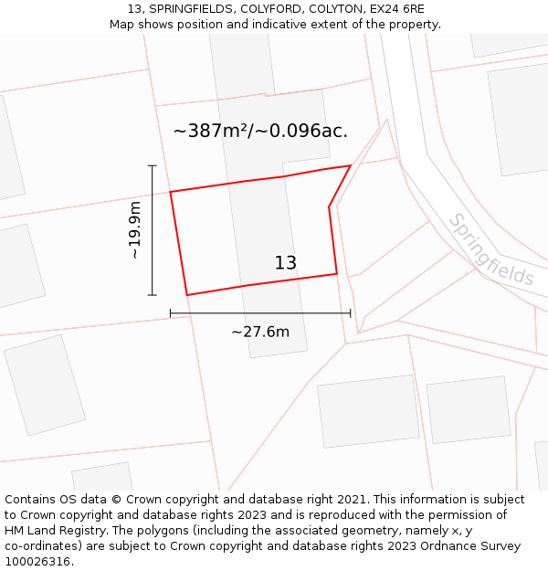 13, SPRINGFIELDS, COLYFORD, COLYTON, EX24 6RE: Plot and title map