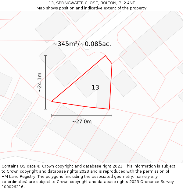 13, SPRINGWATER CLOSE, BOLTON, BL2 4NT: Plot and title map