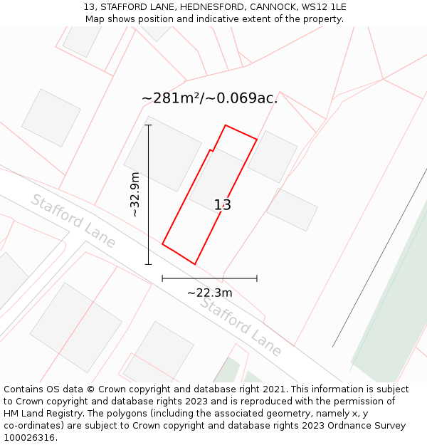 13, STAFFORD LANE, HEDNESFORD, CANNOCK, WS12 1LE: Plot and title map