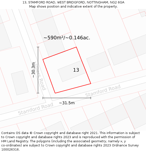 13, STAMFORD ROAD, WEST BRIDGFORD, NOTTINGHAM, NG2 6GA: Plot and title map