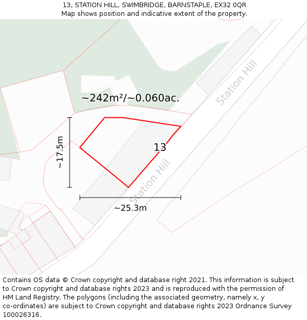 13, STATION HILL, SWIMBRIDGE, BARNSTAPLE, EX32 0QR: Plot and title map