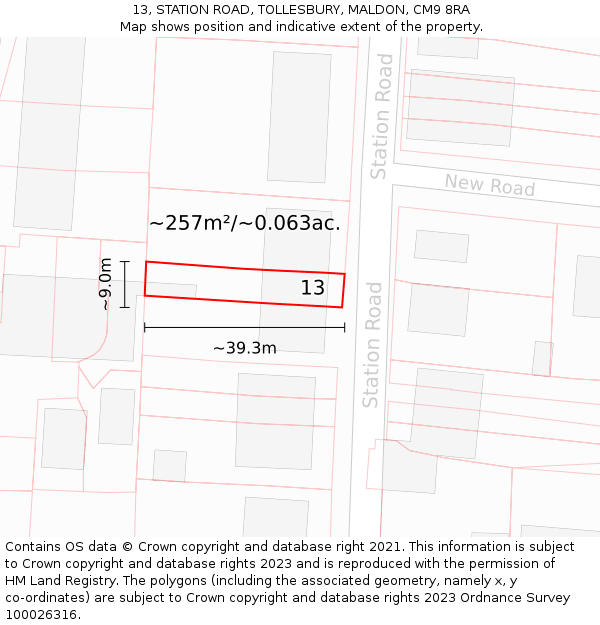 13, STATION ROAD, TOLLESBURY, MALDON, CM9 8RA: Plot and title map