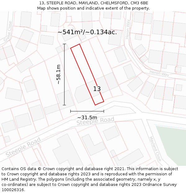 13, STEEPLE ROAD, MAYLAND, CHELMSFORD, CM3 6BE: Plot and title map