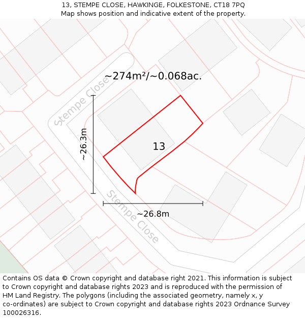 13, STEMPE CLOSE, HAWKINGE, FOLKESTONE, CT18 7PQ: Plot and title map