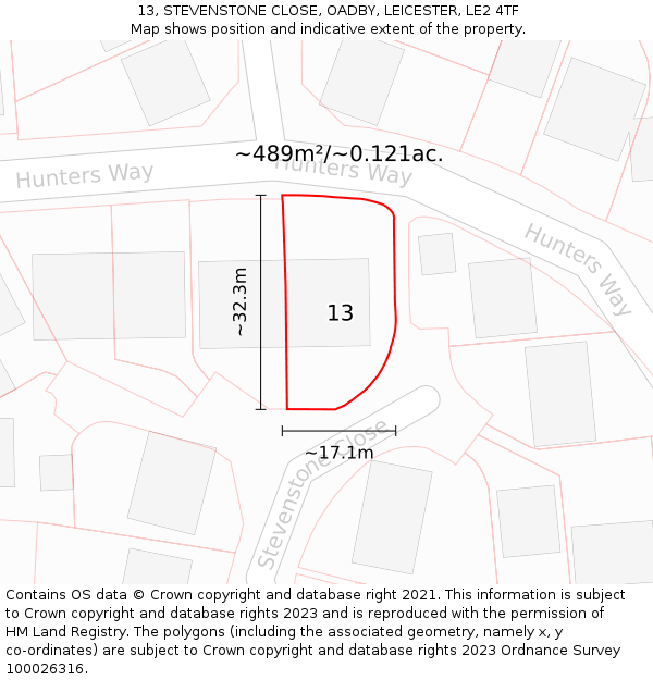 13, STEVENSTONE CLOSE, OADBY, LEICESTER, LE2 4TF: Plot and title map