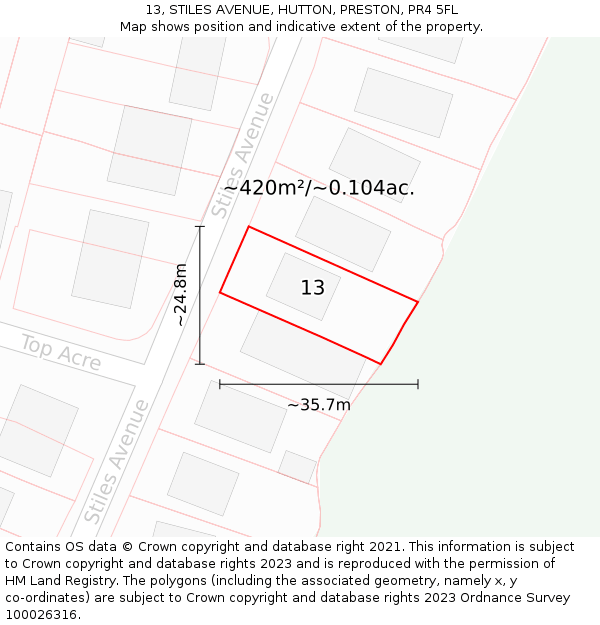 13, STILES AVENUE, HUTTON, PRESTON, PR4 5FL: Plot and title map