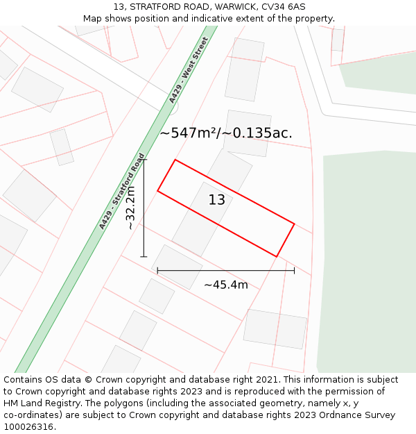 13, STRATFORD ROAD, WARWICK, CV34 6AS: Plot and title map