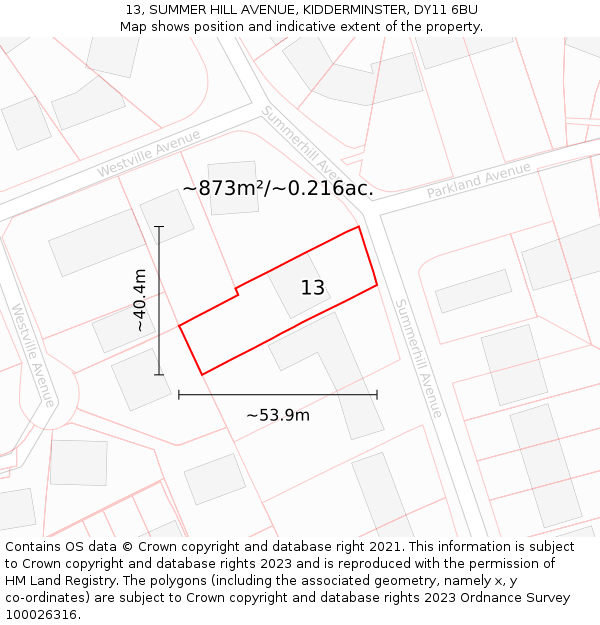 13, SUMMER HILL AVENUE, KIDDERMINSTER, DY11 6BU: Plot and title map