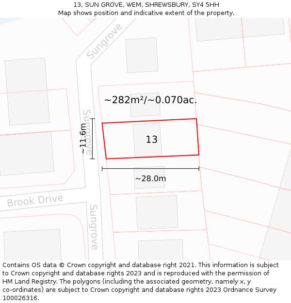 13, SUN GROVE, WEM, SHREWSBURY, SY4 5HH: Plot and title map