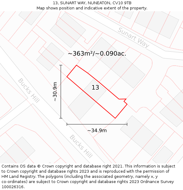 13, SUNART WAY, NUNEATON, CV10 9TB: Plot and title map