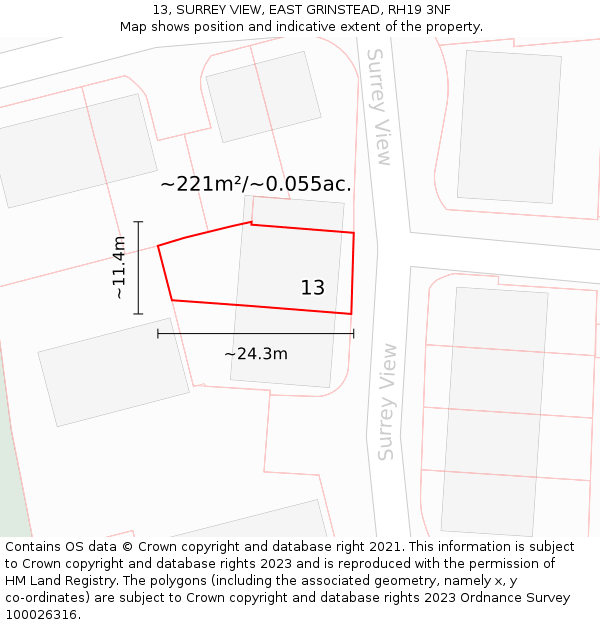 13, SURREY VIEW, EAST GRINSTEAD, RH19 3NF: Plot and title map