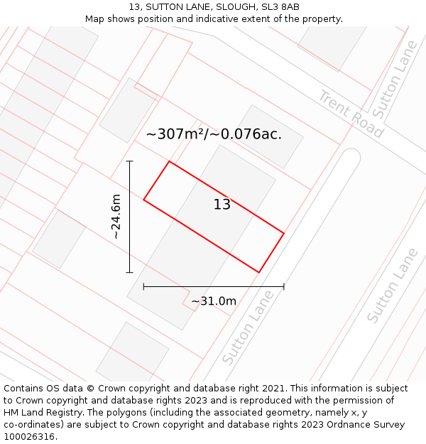 13, SUTTON LANE, SLOUGH, SL3 8AB: Plot and title map