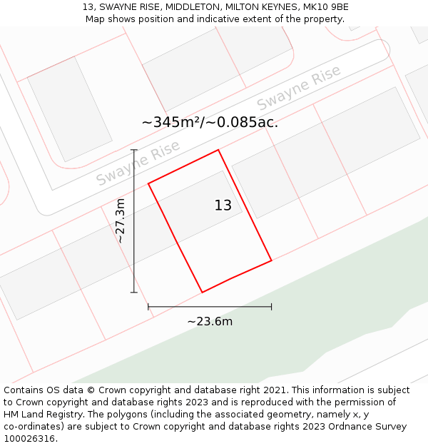 13, SWAYNE RISE, MIDDLETON, MILTON KEYNES, MK10 9BE: Plot and title map