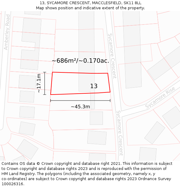 13, SYCAMORE CRESCENT, MACCLESFIELD, SK11 8LL: Plot and title map