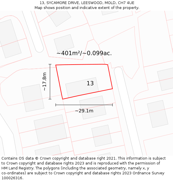 13, SYCAMORE DRIVE, LEESWOOD, MOLD, CH7 4UE: Plot and title map