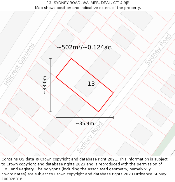 13, SYDNEY ROAD, WALMER, DEAL, CT14 9JP: Plot and title map