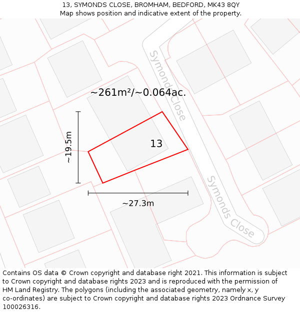 13, SYMONDS CLOSE, BROMHAM, BEDFORD, MK43 8QY: Plot and title map