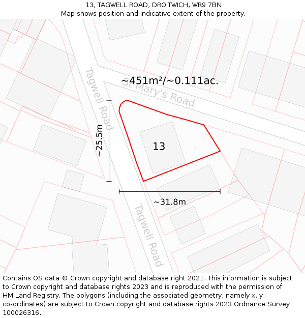 13, TAGWELL ROAD, DROITWICH, WR9 7BN: Plot and title map