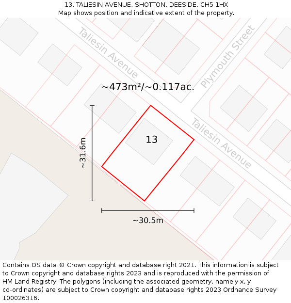 13, TALIESIN AVENUE, SHOTTON, DEESIDE, CH5 1HX: Plot and title map