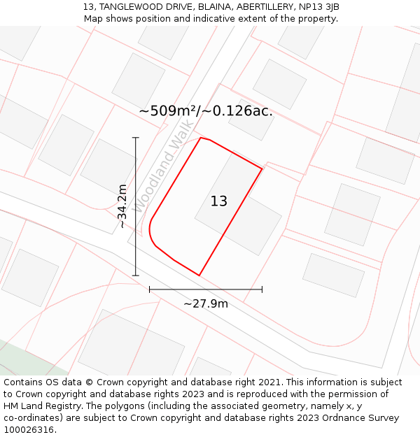 13, TANGLEWOOD DRIVE, BLAINA, ABERTILLERY, NP13 3JB: Plot and title map