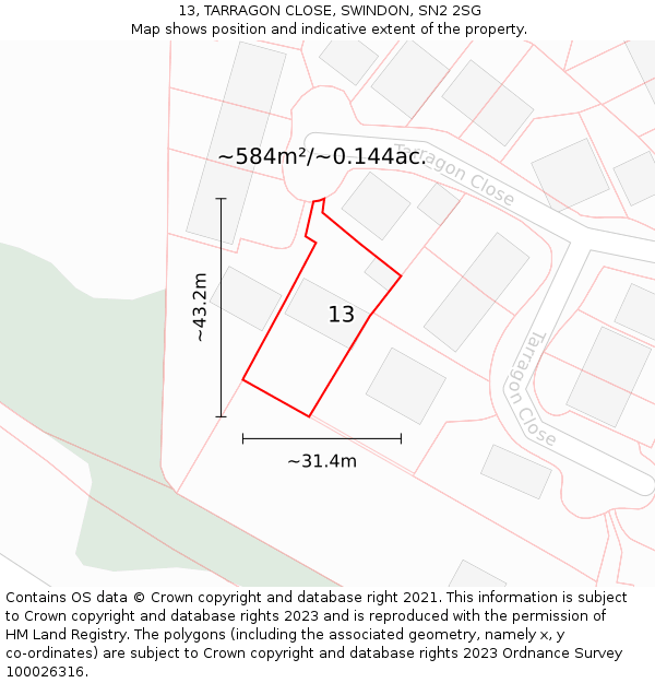 13, TARRAGON CLOSE, SWINDON, SN2 2SG: Plot and title map