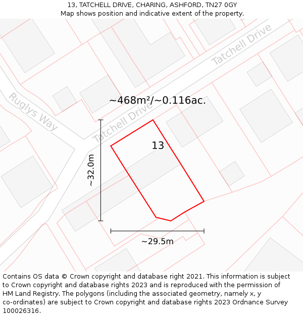 13, TATCHELL DRIVE, CHARING, ASHFORD, TN27 0GY: Plot and title map