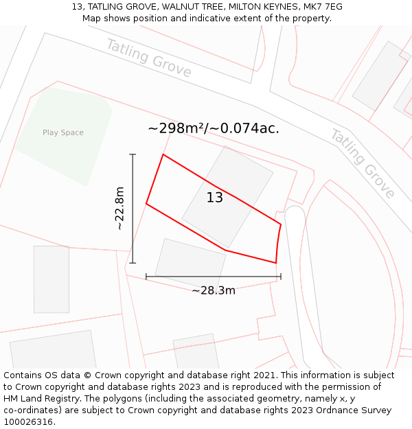 13, TATLING GROVE, WALNUT TREE, MILTON KEYNES, MK7 7EG: Plot and title map